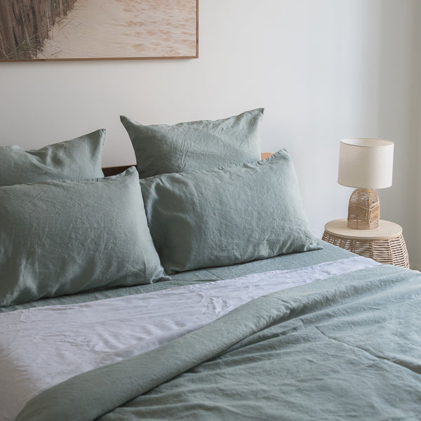 Harbour Sage 100% linen duvet cover soft sage green breathable bedding