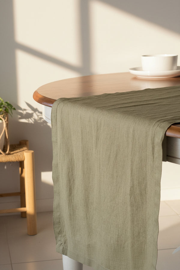 olive linen table runner natural earthy tone