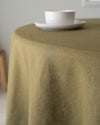 olive linen tablecloth natural earthy tone dining setup