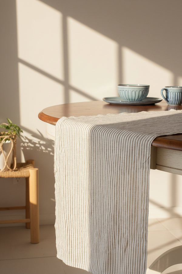 olive stripe linen table runner natural tones