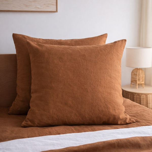 Tobacco brown European linen pillowcases on a bed in a bedroom setting