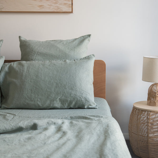 Harbour Sage linen fitted sheet soft green breathable bedding