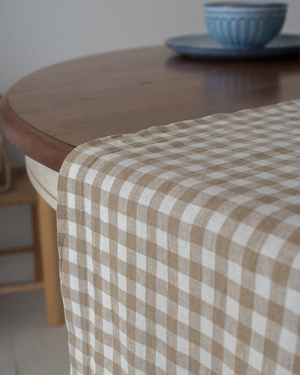 nature gingham linen table runner neutral check pattern
