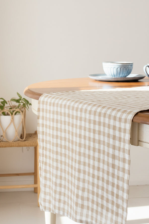 nature gingham linen table runner neutral check pattern