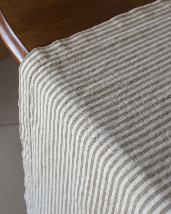 striped linen runner olive detail close up