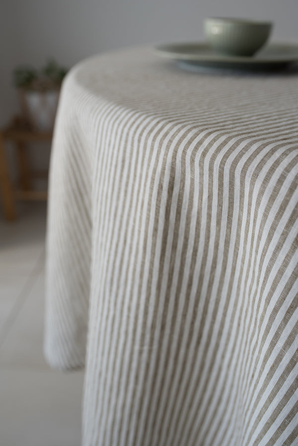 olive stripe linen tablecloth natural earthy tones