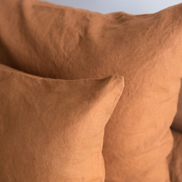Close-up of Tobacco brown European linen pillowcases